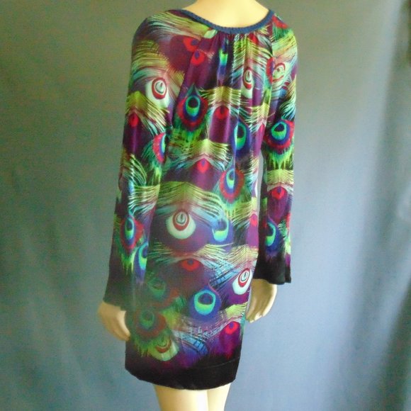 Custo Barcelona Peacock Pattern V-Neck Viscose Dress M - Picture 5 of 7